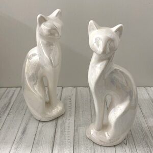 Set of 2 12” White Porcelain Cat Sculptures